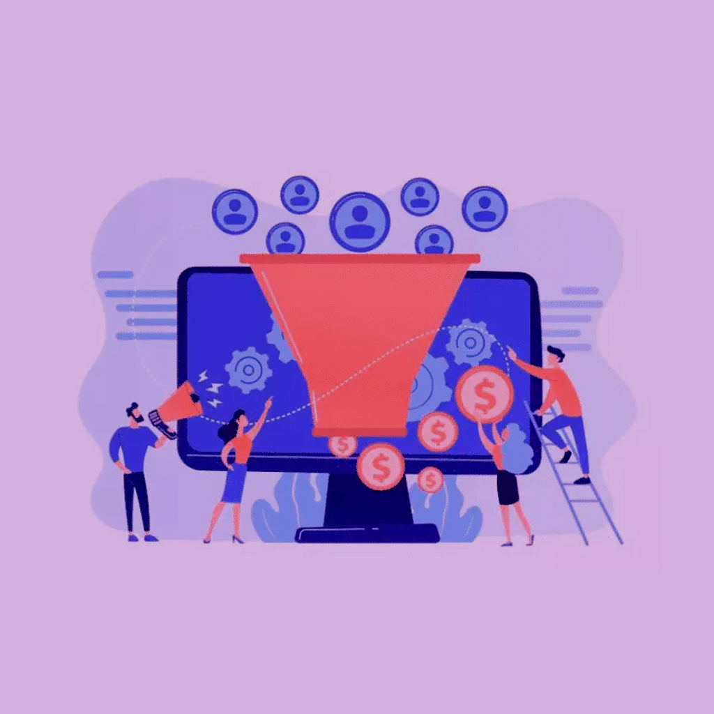 ilustração com pessoas trabalhando com engrenagens no funil de leads