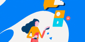 ilustração de mulher olhando balões com ícones de redes sociais