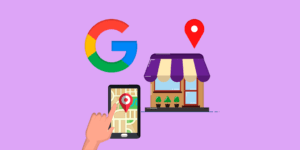 Ilustração com a Logo do Google e indicação de uso do google ads para negócios locais